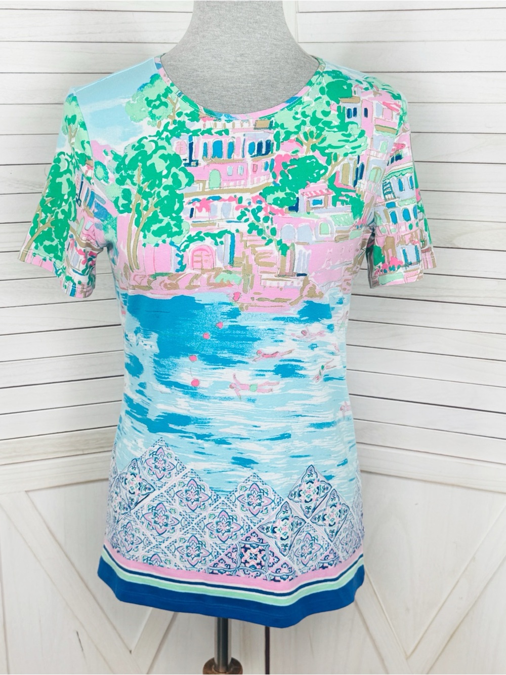 Talbots Coastal Scenic Print Top Blue Pink Short Sleeve Resort‎ Shirt Small Tee